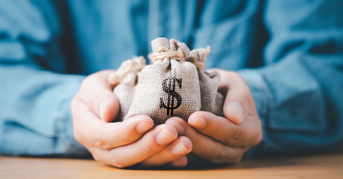 An individual wearing a blue shirt is holding three small burlap bags. One bag has a money sign on the front.